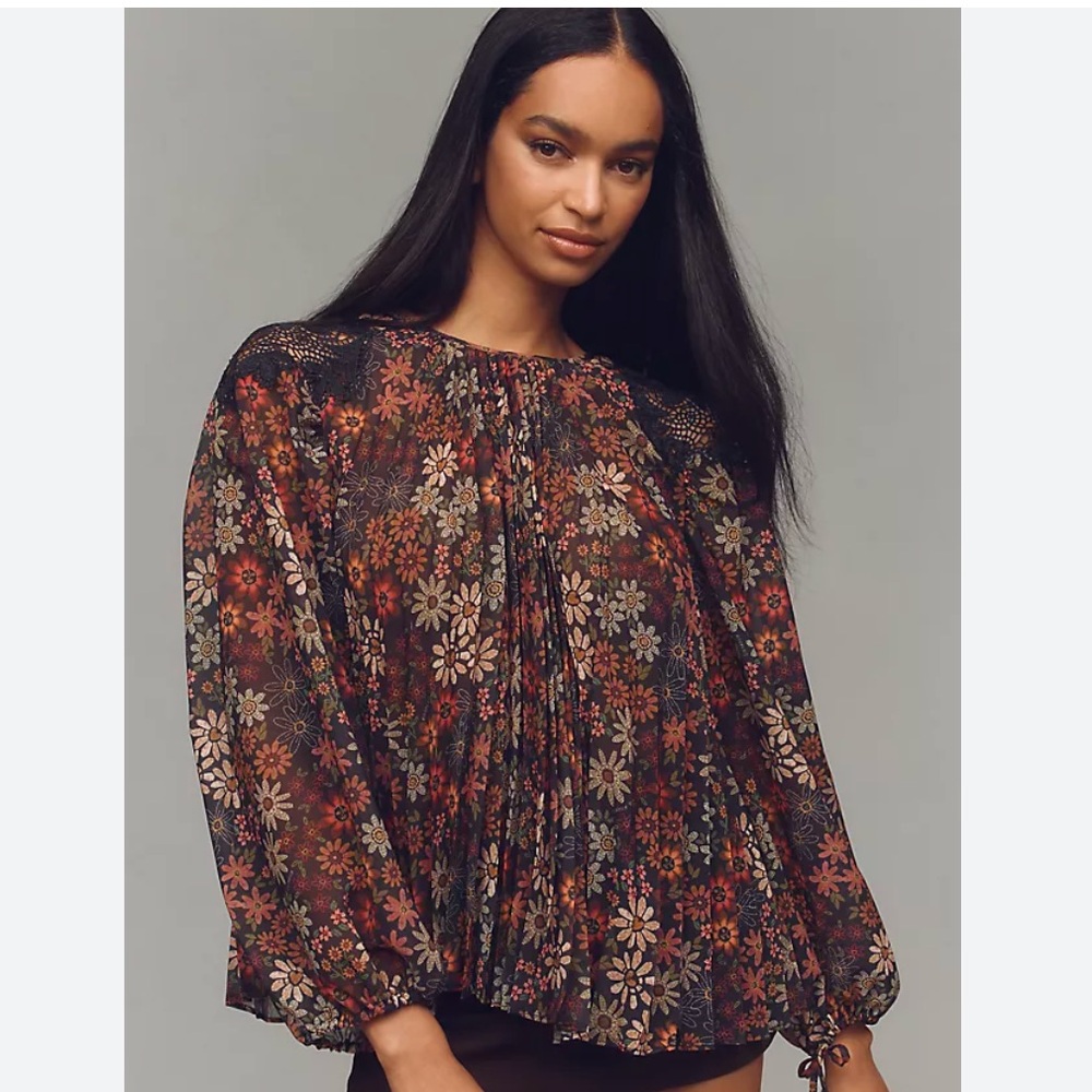 Farm Rio Long-Sleeve Sheer Pleated Blouse